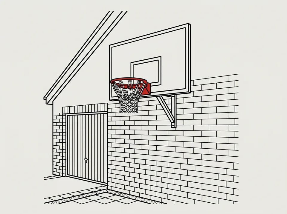 Ilustración de un tablero con aro fijado a la pared de una casa